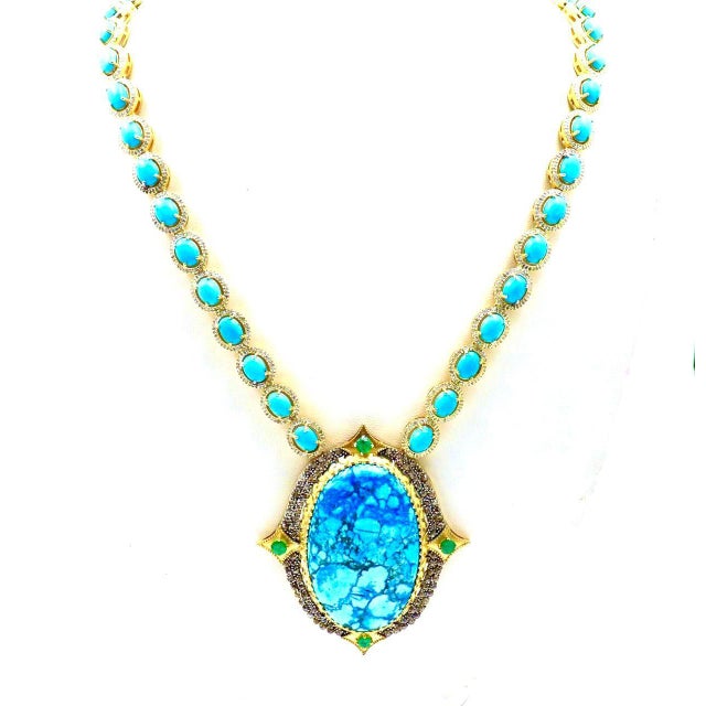 Bochic "Capri" Diamonds, Emeralds & Turquoise Necklace Set In 18K & Silver For Sale - Image 17 of 18