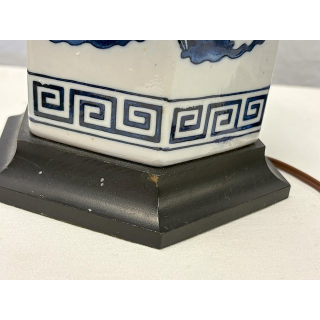 Vintage Mid Century Blue and White Ceramic Hexagon Shaped Table Lamps- A Pair For Sale - Image 15 of 17