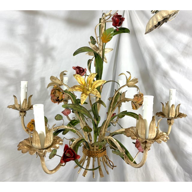 Beige Vintage Tole 6-Light Chandelier With Flower Motif and Honest Patina For Sale - Image 8 of 18