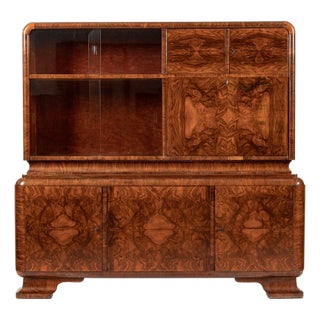 Antique Art Deco Burl Wood China Cabinet or Bar Cabinet With Drop-Down Tabletop 1930s For Sale