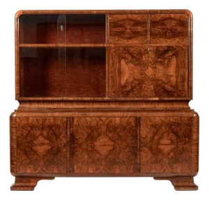 Antique Art Deco Burl Wood China Cabinet or Bar Cabinet With Drop-Down Tabletop 1930s