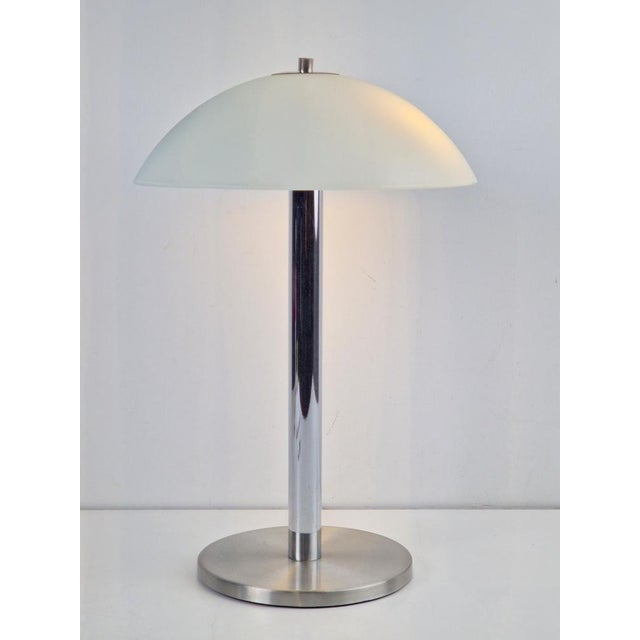 Silver Mid-Century Mushroom Table Lamp in Sandblasted Glass, Stainless Steel & Chrome, 1960s For Sale - Image 8 of 8