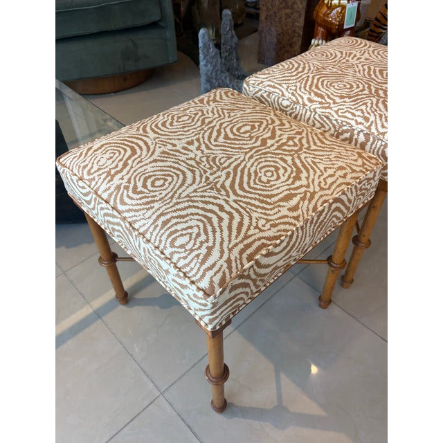 Pair Vintage Faux Bamboo Wood Benches Ottomans Newly Upholstered Quadrille For Sale - Image 11 of 12
