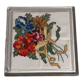 Vintage Handmade Floral Needlepoint Acrylic Trivet For Sale