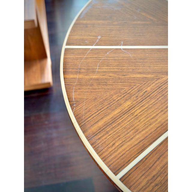 Made Goods Novak Entryway Table in Teak Gloss and Faux Bone Inlay Mid-Century Style Round Pedestal Entry Table For Sale - Image 11 of 12