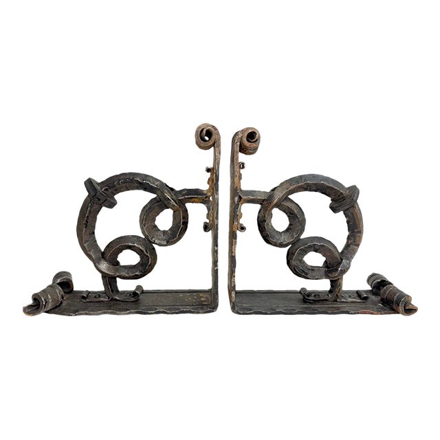 Pair of Antique Ornate Thick Hand Wrought Iron Wall Brackets Corbels Sconces 2 For Sale
