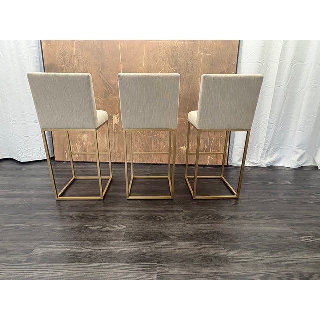 Rh Emery Armless Fabric Counter Stools – Set of 3 Perennials® Performance Textured Linen Weave – Sand | Burnished Brass | Counter Height For Sale - Image 11 of 18