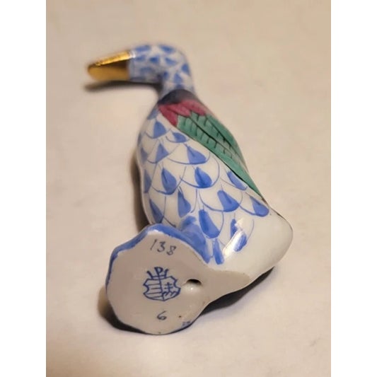 Herend Vintage MCM Herend Blue Fishnet Tiny Goose Figurine For Sale - Image 4 of 5