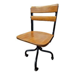 Antique Industrial Wood and Iron Swivel Desk Chair For Sale