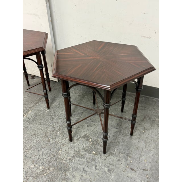 Design Plus Gallery presents a Pair of Hexagonal Side Tables in Macassar Ebony Veneer from Therien Studio Workshop. The...