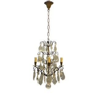 Italian Wrought Iron and Crystal Cage Chandelier, 1940s For Sale