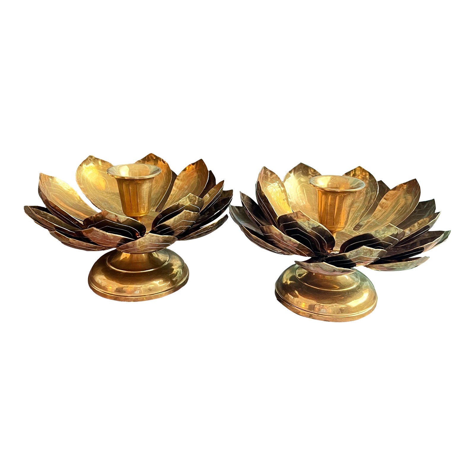 Mid 20th Century Etched Brass Lotus Flower Candle Holder in the Style