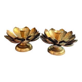 Mid 20th Century Etched Brass Lotus Flower Candle Holder in the Style of Parzinger for Feldman - Set of 2 For Sale