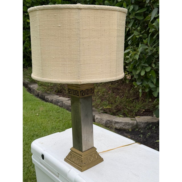 Art Deco Vintage Greek Key Geometric Brass Table Lamp With Linen Shade For Sale - Image 3 of 12