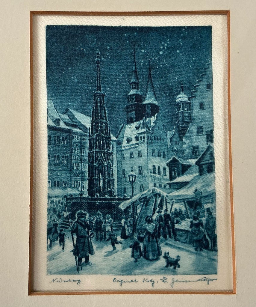 Mid 20th Century Framed Silk Engraving of Nuremberg After Ernst