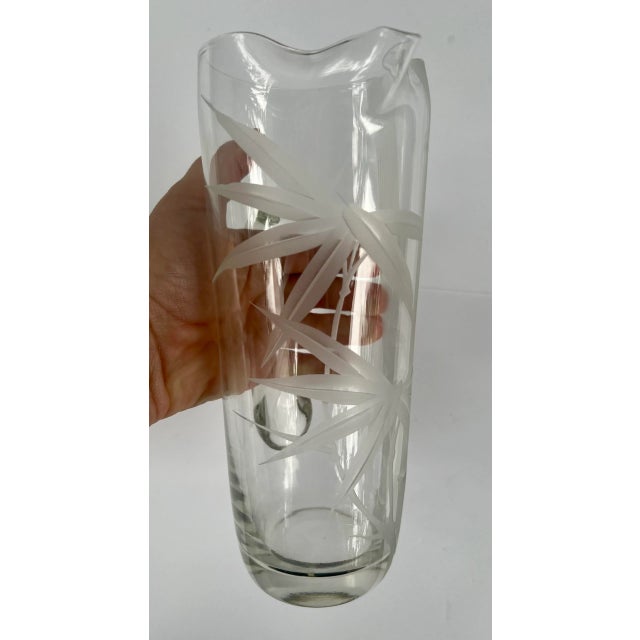 Chinoiserie Vintage Clear Glass Pitcher With Etched Bamboo Leaves For Sale - Image 3 of 13