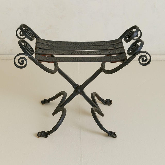 Mid 20th Century Vintage Spanish Brutalist Wrought Iron + Tooled Leather Folding Stool For Sale - Image 5 of 18