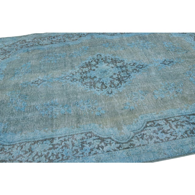 Textile Vintage Persian Overdyed Handmade Medallion Blue Wool Rug For Sale - Image 7 of 10