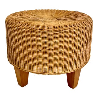 Vintage Woven Wicker and Wood Stool Ottoman For Sale