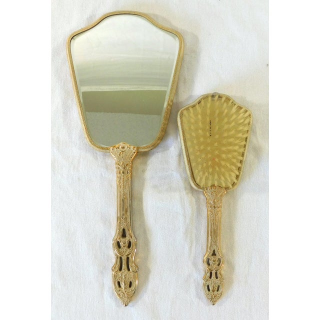 Vintage Victorian Gold Metallic Rose Floral Brush & Handheld Mirror Vanity Set For Sale - Image 9 of 10