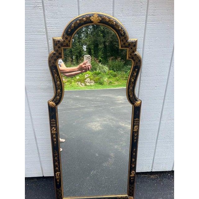 Long Black and Gilt Gold Chinoiserie Mirror made in Italy. Incredible detail to this scalloped chinoiserie beauty. Perfect...