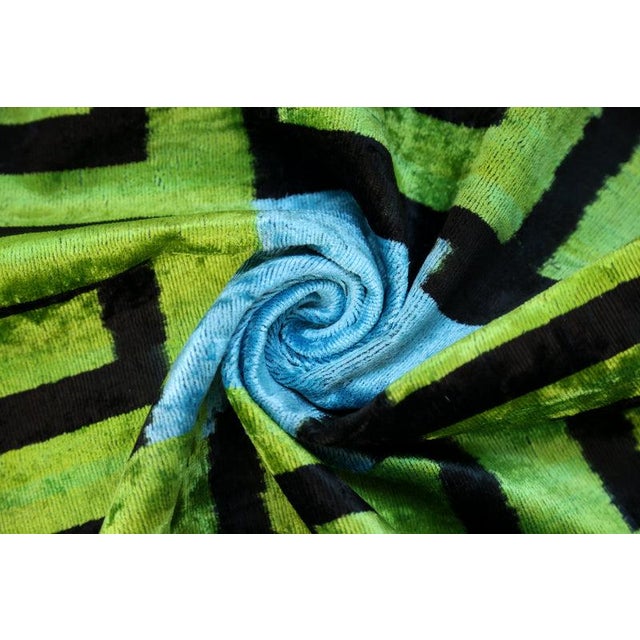 Neon Green Greek Key Velvet Pillow in Green & Blue – Handmade 24x24 Inch Square For Sale - Image 8 of 8