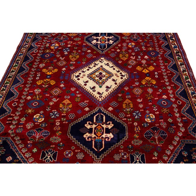 Textile Vintage Handmade Shiraz Red Geometric Wool Rug 5'9" X 10'0" For Sale - Image 7 of 10