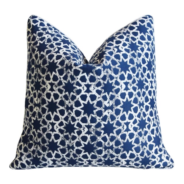 Coastal Nautical Blue & White Modern Geometric Stars Feather/Down Pillow 22" Square For Sale