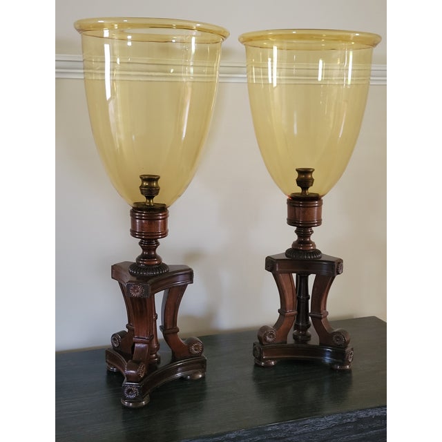 Vintage Pair of Amber Glass and Wood Photophores Hurricane Lamps For Sale In Philadelphia - Image 6 of 6