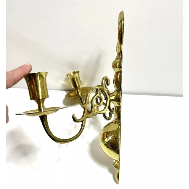 Hollywood Regency Vintage Hollywood Regency Brass Double-Arm Candelabra Wall Sconces – Ornate Brass Candle Holders (Pair) For Sale - Image 3 of 9
