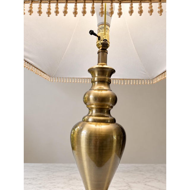 Vintage Brass Table Lamp With Green & Burgundy Damask Shade, Beaded Fringe, Ornate Traditional European Style, Decorative Accent Lighting For Sale In Naples, FL - Image 6 of 12