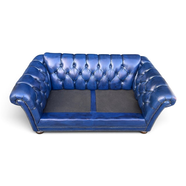 Vintage Chesterfield Navy Blue Tufted Leather Loveseat W/ Brass Trim For Sale - Image 9 of 16