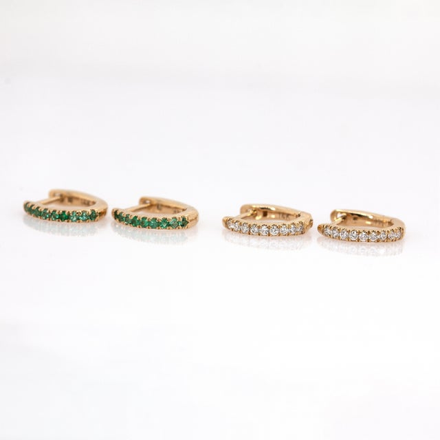 Zambian Emerald Huggies in Solid 14k Yellow Gold | Rd 10mm | Latch Back- Set of 2 For Sale In Columbus - Image 6 of 6