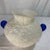 Offered here is a vintage Italian art glass vase featuring a frosted, textured scavo body and bright blue applied side...