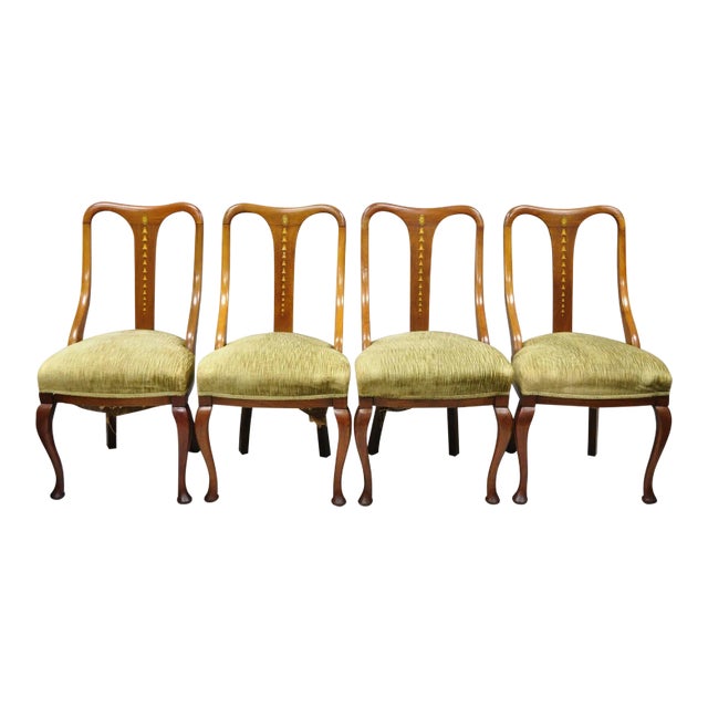 Edwardian Mahogany Sweetheart Back Bellflower Painted Dining Chairs Set of 4 For Sale