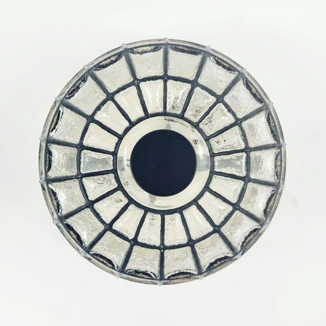 Large mid-century modern glass ceiling mount fixture by limburg (germany, 1960s). Cobweb shaped black "iron" inlaid in...