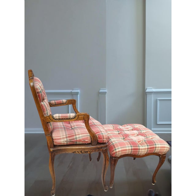 Vintage Walnut French Provincial Armchair & Ottoman Set in Rich Plaid Upholstery For Sale - Image 11 of 12