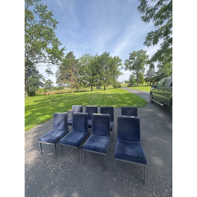 1970s Set of Eight Vintage 1970's MCM Chrome Blue Velvet Dia Dining Chairs by Milo Baughman For Sale - Image 5 of 10
