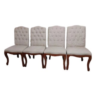 1980s Dining Chair Wood Frame Tufted Upholstered Beige Noble House Set of 4 For Sale