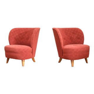 Easy Chairs in Red Fabric and Birch from Carl-Johan Boman, Finland, 1940s, Set of 2 For Sale