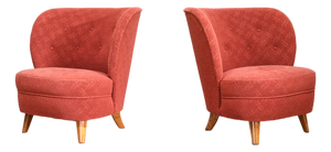 Easy Chairs in Red Fabric and Birch from Carl-Johan Boman, Finland, 1940s, Set of 2