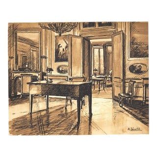 1925 French Antique Interior Lithograph-Chateau Fountainebleau, Matted For Sale