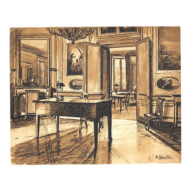 1925 French Antique Interior Lithograph-Chateau Fountainebleau, Matted For Sale