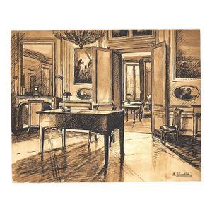 1925 French Antique Interior Lithograph-Chateau Fountainebleau, Matted