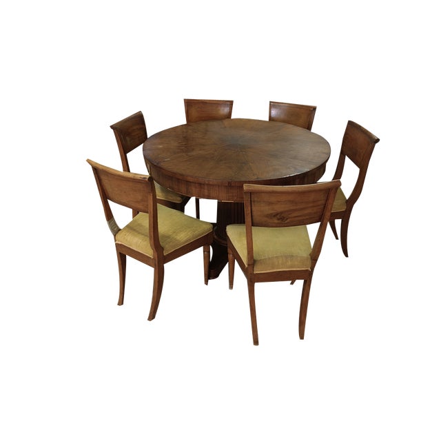 Round Walnut Table with Column Base with Six Chairs, Set of 7 For Sale