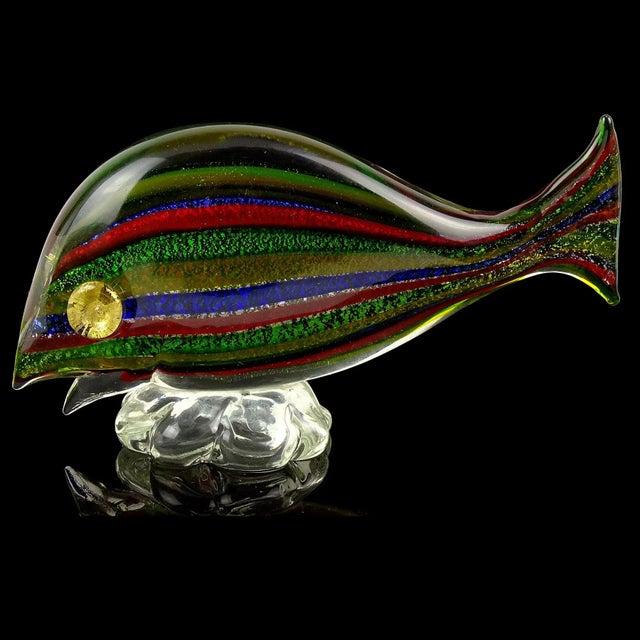 Mid 20th Century Murano Avem Rainbow Colors Silver Gold Flecks Italian Art Glass Vintage Striped Fish Figurine Sculpture For Sale - Image 5 of 6