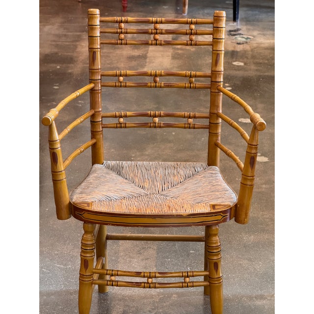 19th Century Pair of Painted Faux Bamboo Armchairs With Rush Seats For Sale - Image 4 of 10