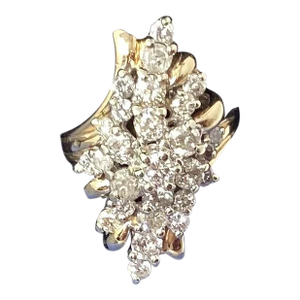 1950s 14k Yellow & White Round Diamond Waterfall Vintage Cocktail Ring, Size 7