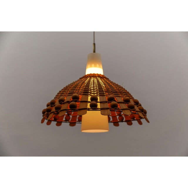 Brown Mid-Century Modern Pendant Light in Rattan, Opaline Glass and Copper, 1960s For Sale - Image 8 of 9
