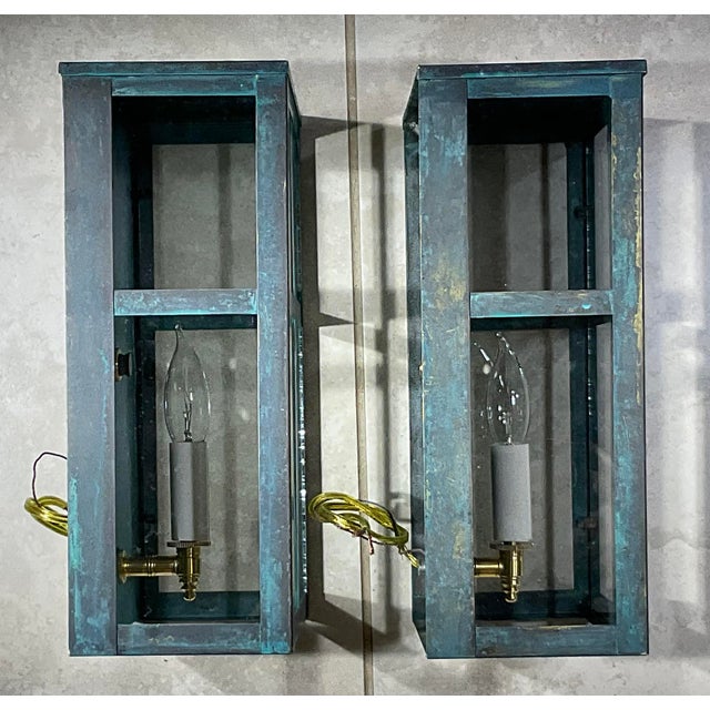 Exquisite Vintage Verdigris Brass Wall Lanterns / Sconces – Pair For Sale - Image 16 of 17